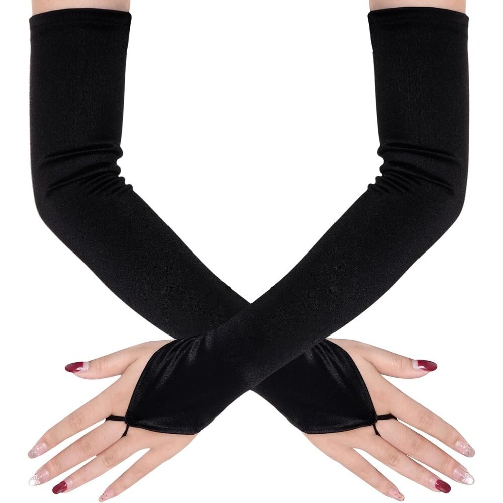 Women's Evening Black Long Length Fingerless Satin Gloves Wedding Party Costume